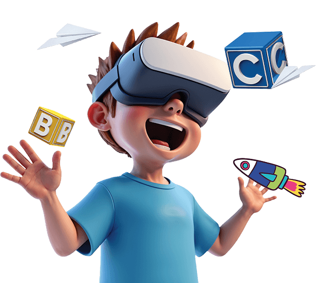 Child wearing VR headset surrounded by floating learning blocks and a rocket
